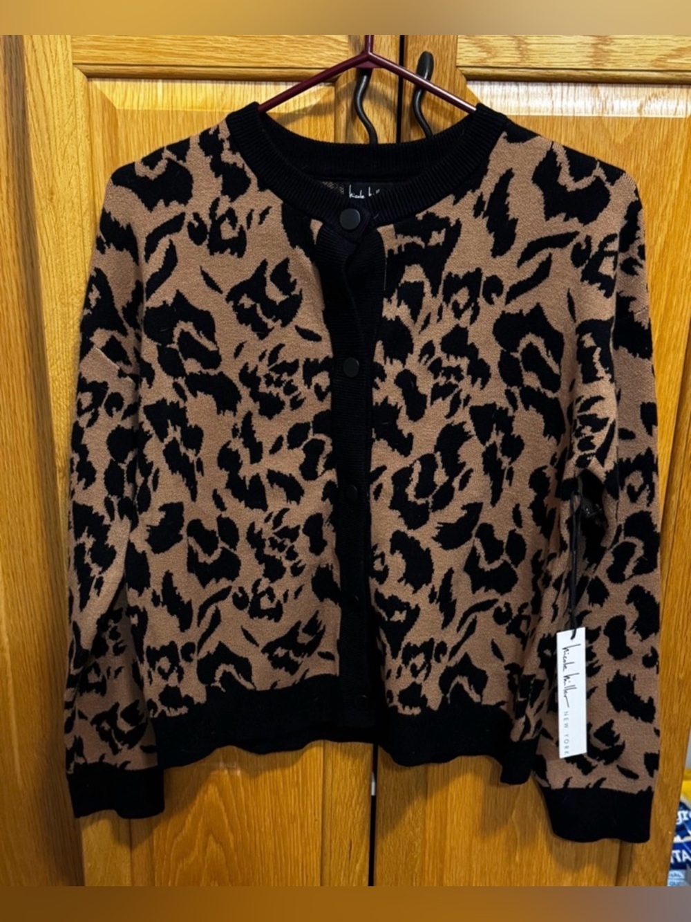 Nicole Miller New York Leopard Print Jacquard Knit Cardigan